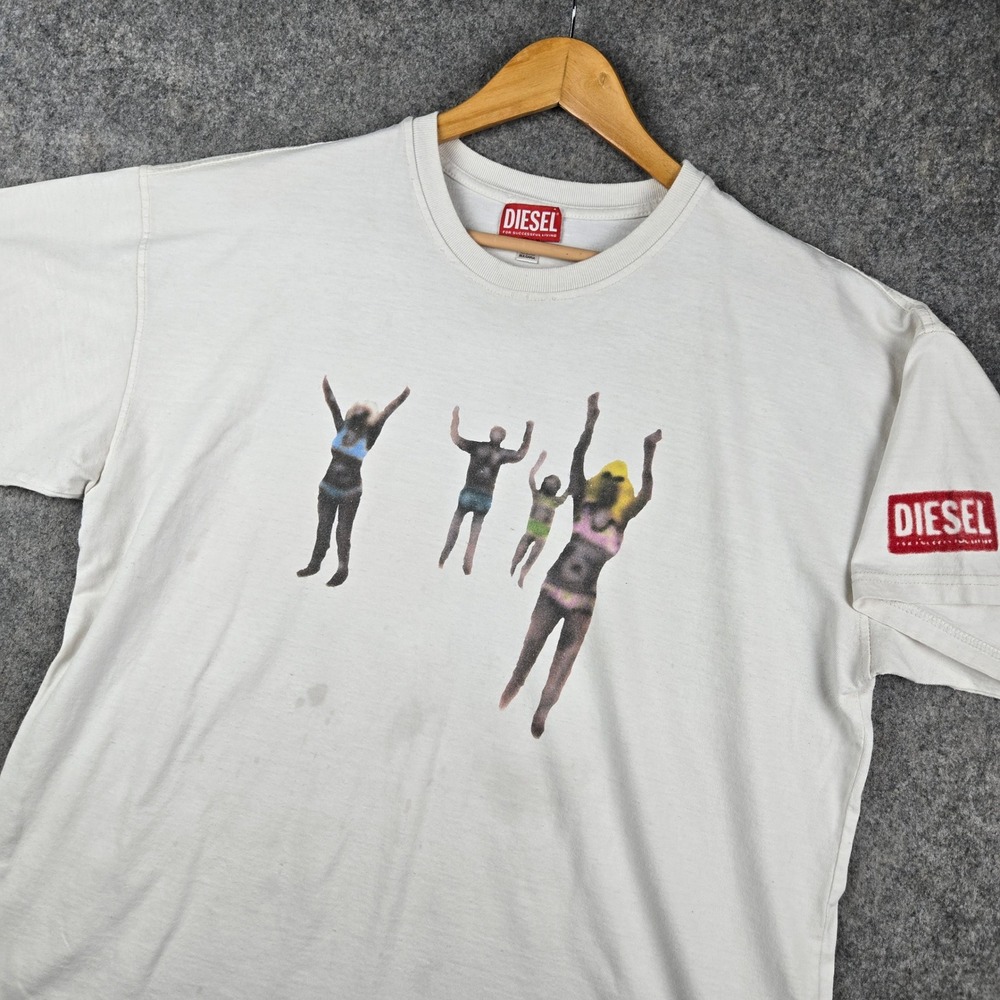 Diesel Graphic T-Shirt Mens XL White Airbrush Collage Art Print Streetwear Y2K